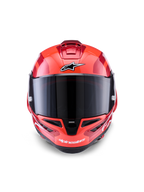 Casco Alpinestars Supertech R10 Arius, casco integrale racing, rosso con accenti bianchi e neri, vista frontale con visiera fumé scuro, con logo Alpinestars su fronte e mentoniera, finitura lucida con prese d'aria aerodinamiche