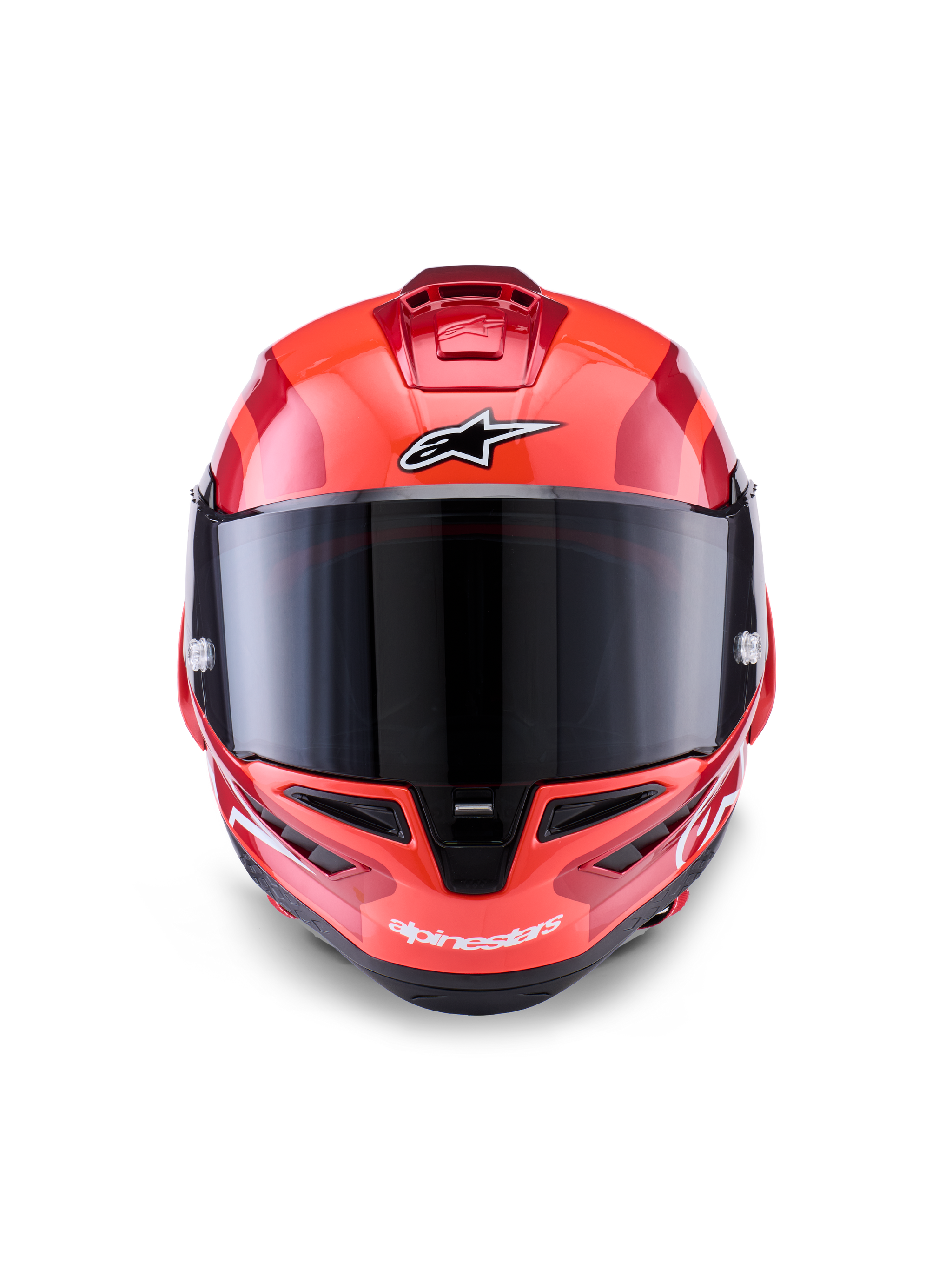 Casco Alpinestars Supertech R10 Arius, casco integrale racing, rosso con accenti bianchi e neri, vista frontale con visiera fumé scuro, con logo Alpinestars su fronte e mentoniera, finitura lucida con prese d'aria aerodinamiche