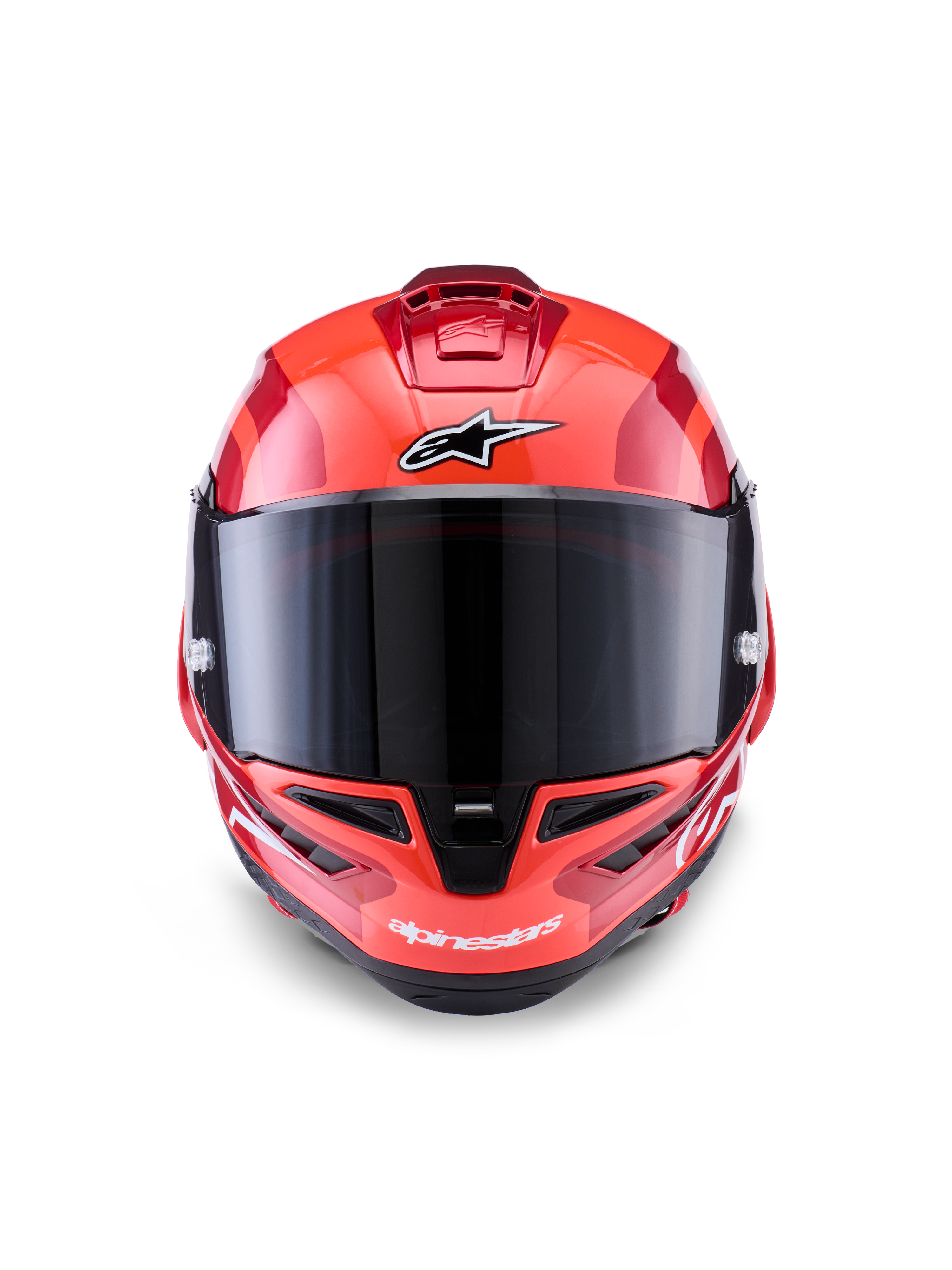 Casco Alpinestars Supertech R10 Arius, casco integrale racing, rosso con accenti bianchi e neri, vista frontale con visiera fumé scuro, con logo Alpinestars su fronte e mentoniera, finitura lucida con prese d'aria aerodinamiche