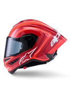Casco Alpinestars Supertech R10 Arius, casco integrale racing, rosso lucido con grafiche logo bianche, vista laterale di profilo che evidenzia lo spoiler aerodinamico e la visiera trasparente, calotta in composito di fibra di carbonio per il motorsport professionale