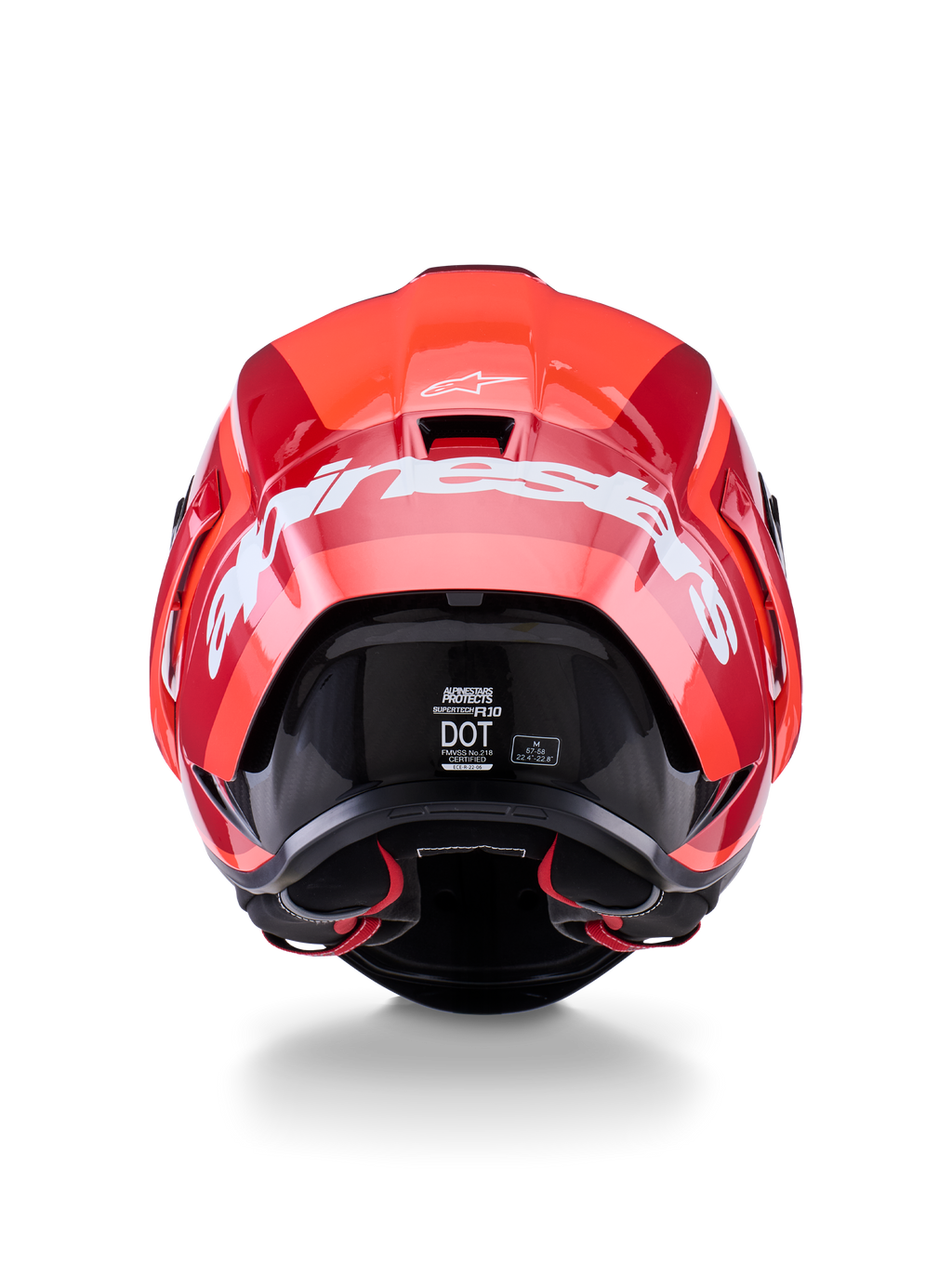 Casco Alpinestars Supertech R10 Arius, vista posteriore, design rosso lucido e rosso scuro, grande scritta Alpinestars bianca sul retro, etichette di certificazione DOT ed ECE visibili, casco da corsa aerodinamico ad alte prestazioni