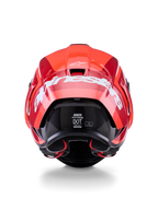 Casco Alpinestars Supertech R10 Arius, vista posteriore, design rosso lucido e rosso scuro, grande scritta Alpinestars bianca sul retro, etichette di certificazione DOT ed ECE visibili, casco da corsa aerodinamico ad alte prestazioni
