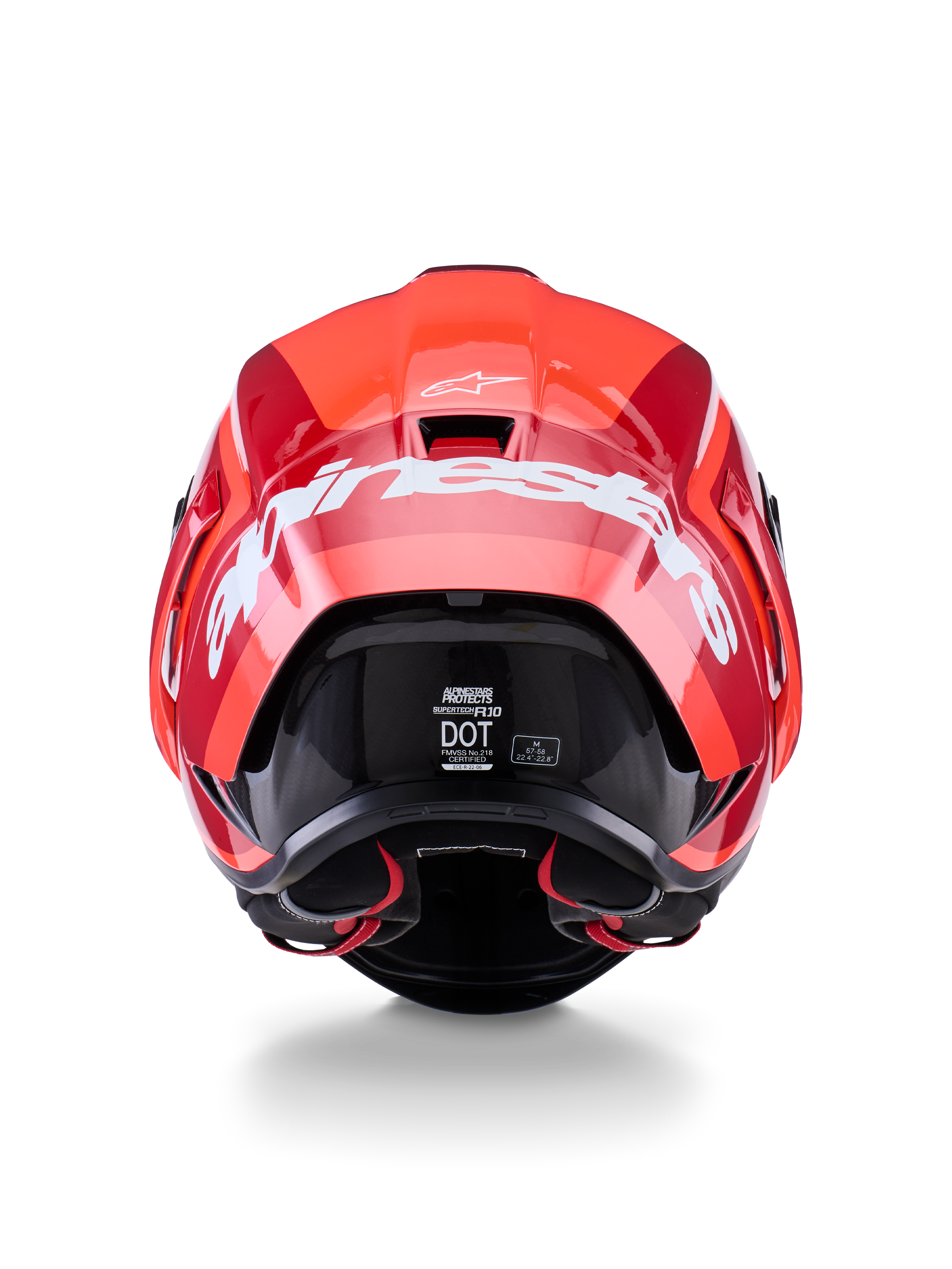 Casco Alpinestars Supertech R10 Arius, vista posteriore, design rosso lucido e rosso scuro, grande scritta Alpinestars bianca sul retro, etichette di certificazione DOT ed ECE visibili, casco da corsa aerodinamico ad alte prestazioni