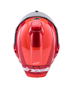 Alpinestars Supertech R10 Arius Helmet, casco racing integrale, rosso lucido con dettagli bianchi, vista dall'alto che mostra i profili aerodinamici della calotta, logo Alpinestars bianco e ventilazione superiore integrata