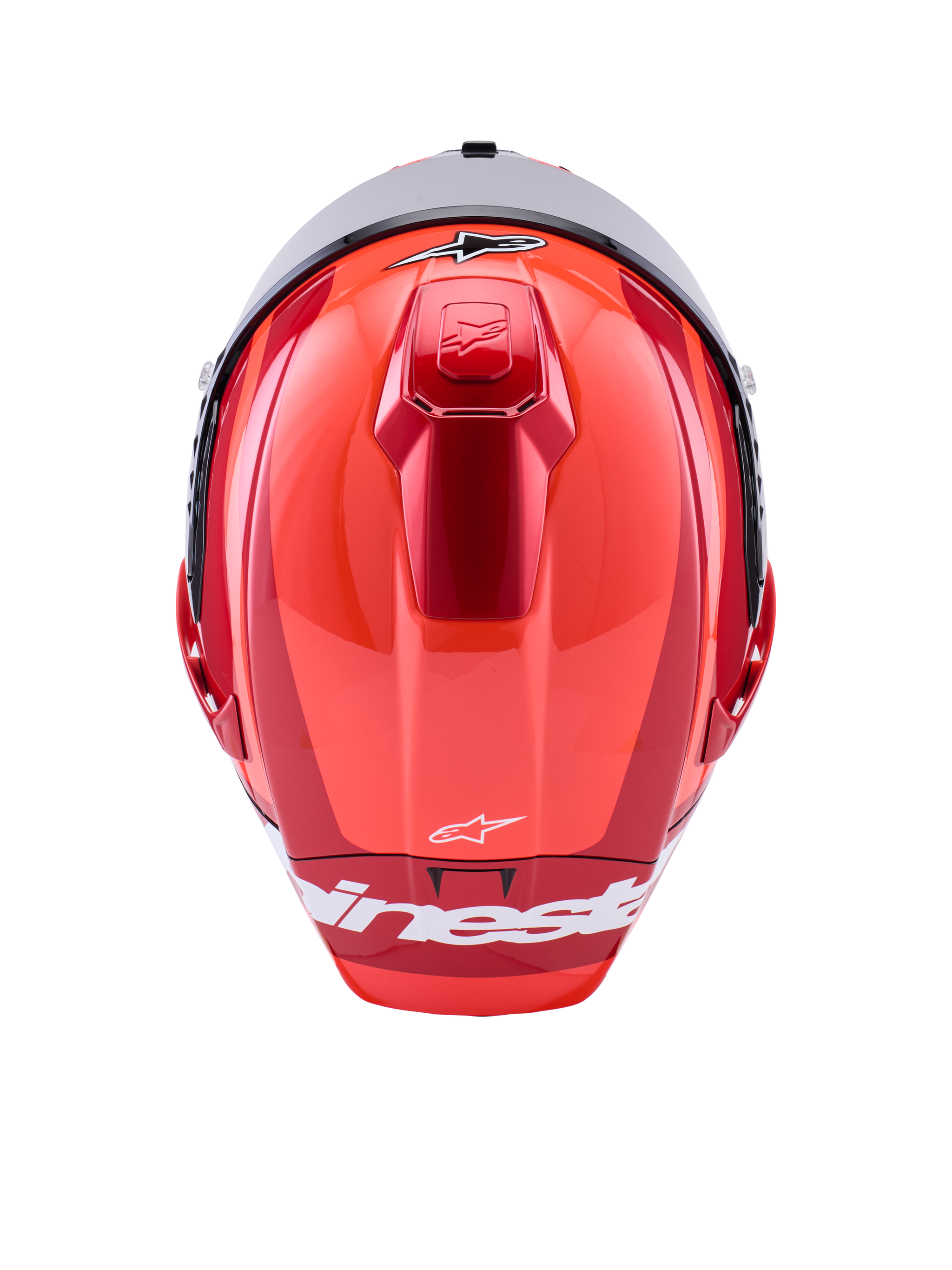 Alpinestars Supertech R10 Arius Helmet, casco racing integrale, rosso lucido con dettagli bianchi, vista dall'alto che mostra i profili aerodinamici della calotta, logo Alpinestars bianco e ventilazione superiore integrata