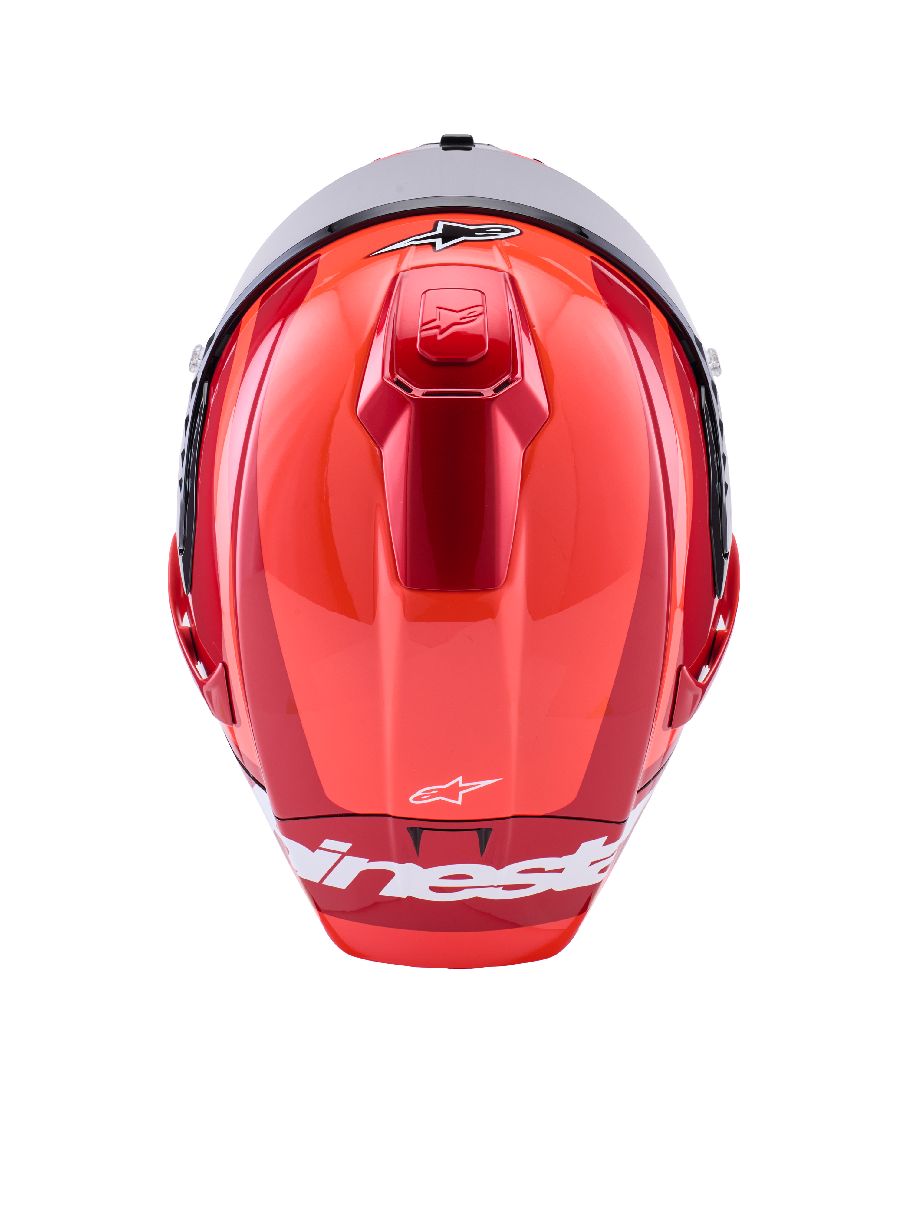 Alpinestars Supertech R10 Arius Helmet, casco racing integrale, rosso lucido con dettagli bianchi, vista dall'alto che mostra i profili aerodinamici della calotta, logo Alpinestars bianco e ventilazione superiore integrata