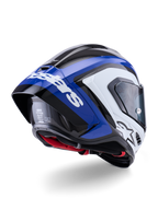 Casco Alpinestars Supertech R10 Arius, casco integrale da corsa, nero, bianco e blu lucido, vista di tre quarti posteriore che mostra lo spoiler aerodinamico, trama in fibra di carbonio a vista e marchio Alpinestars bianco in evidenza