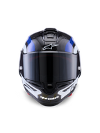 Casco Alpinestars Supertech R10 Arius, casco integrale racing, nero, bianco e blu lucido, vista frontale con visiera scura, trama in fibra di carbonio visibile sulla calotta superiore, logo Alpinestars bianco su fronte e mento, design aerodinamico per corse professionali