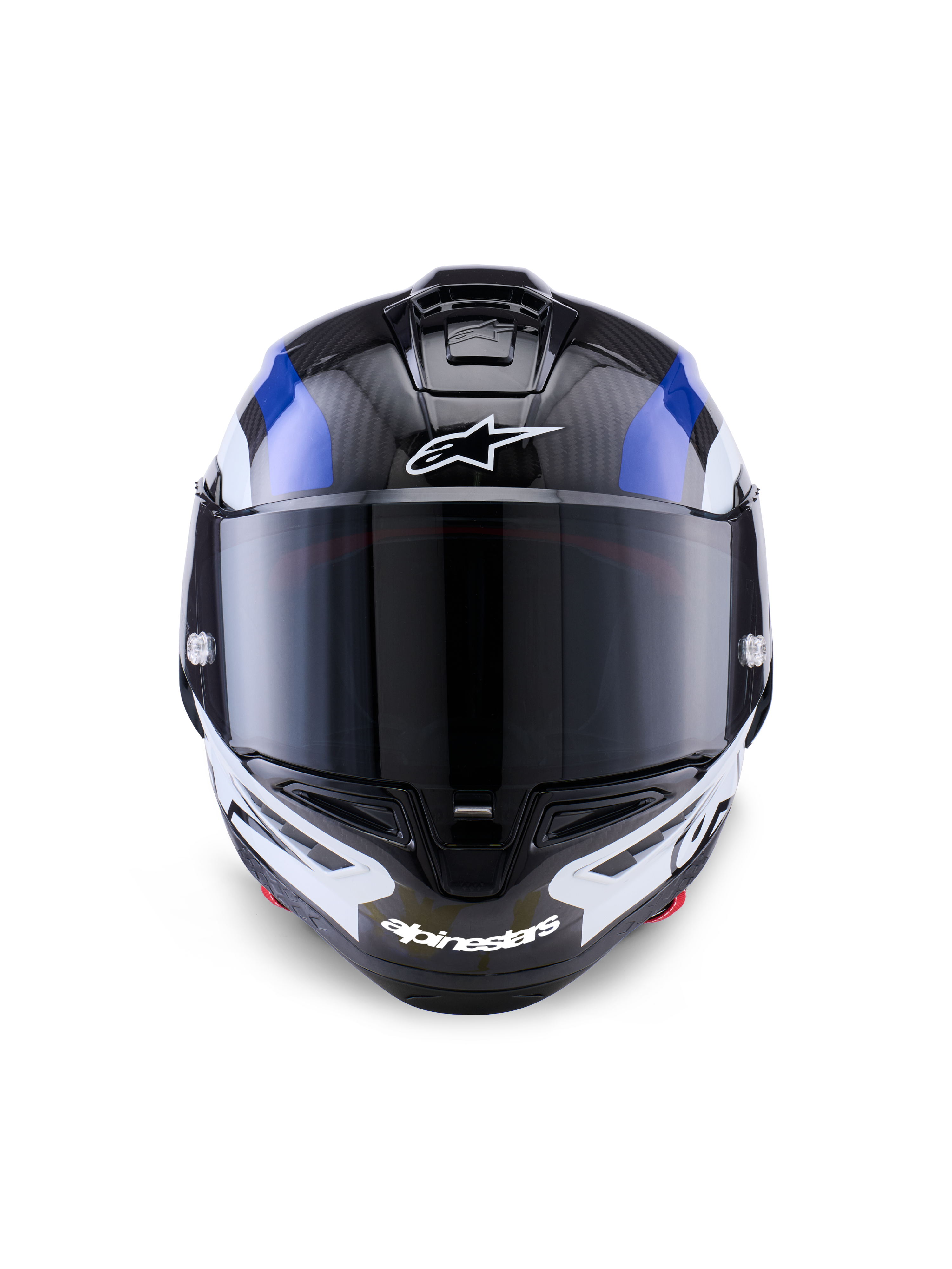 Casco Alpinestars Supertech R10 Arius, casco integrale racing, nero, bianco e blu lucido, vista frontale con visiera scura, trama in fibra di carbonio visibile sulla calotta superiore, logo Alpinestars bianco su fronte e mento, design aerodinamico per corse professionali