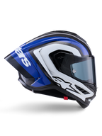 Casco Alpinestars Supertech R10 Arius, casco integrale racing, finitura lucida nera, bianca e blu, vista laterale aerodinamica che mostra la calotta in fibra di carbonio e il grande spoiler posteriore con logo Alpinestars, equipaggiamento protettivo professionale da moto