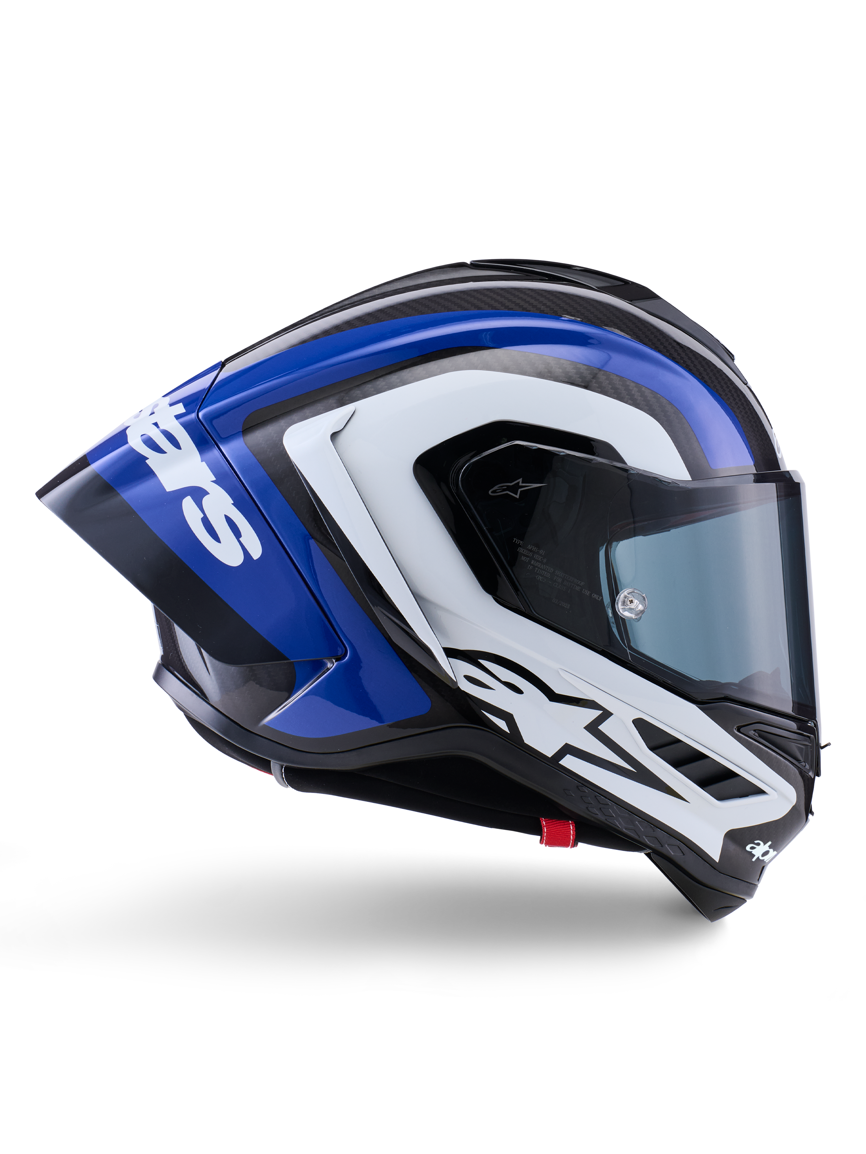 Casco Alpinestars Supertech R10 Arius, casco integrale racing, finitura lucida nera, bianca e blu, vista laterale aerodinamica che mostra la calotta in fibra di carbonio e il grande spoiler posteriore con logo Alpinestars, equipaggiamento protettivo professionale da moto
