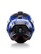 Casco Alpinestars Supertech R10 Arius, vista posteriore, nero, bianco e blu lucido, costruzione in fibra di carbonio con logo bianco evidente, forma aerodinamica, etichetta di certificazione DOT, imbottitura interna rossa