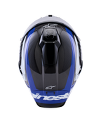 Casco Alpinestars Supertech R10 Arius, casco integrale da moto racing, nero lucido, bianco e blu, vista dall'alto che evidenzia la trama in fibra di carbonio, le prese d'aria aerodinamiche e il marchio Alpinestars bianco