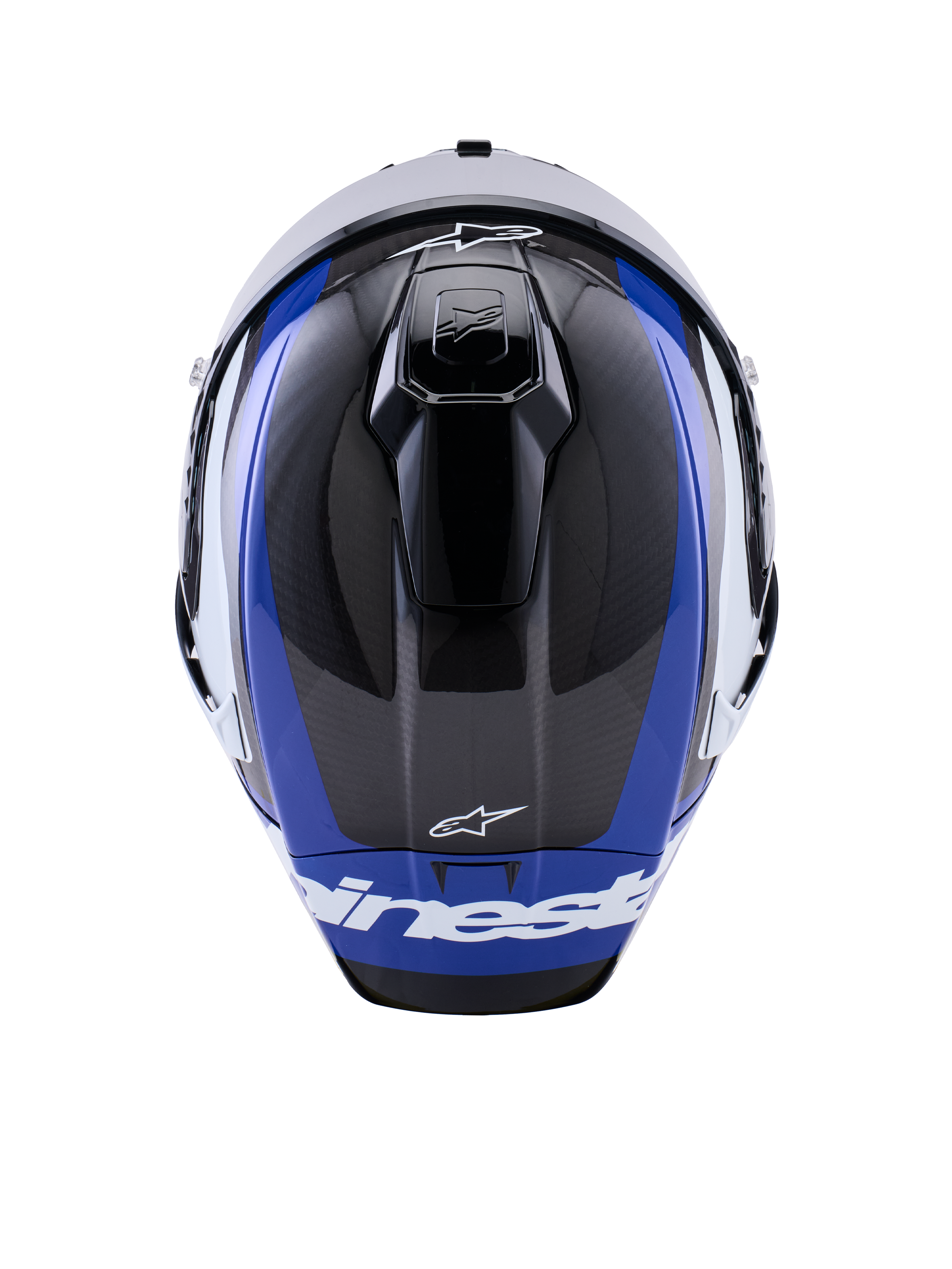 Casco Alpinestars Supertech R10 Arius, casco integrale da moto racing, nero lucido, bianco e blu, vista dall'alto che evidenzia la trama in fibra di carbonio, le prese d'aria aerodinamiche e il marchio Alpinestars bianco