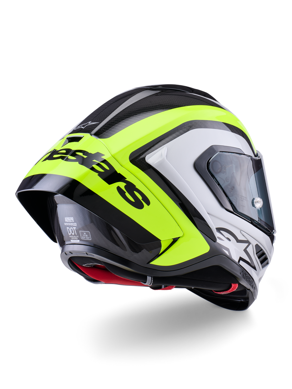 Casco Alpinestars Supertech R10 Arius, vista posteriore, nero, argento e giallo fluo lucido, calotta in fibra di carbonio, grande spoiler aerodinamico con scritta Alpinestars nera, protezione di livello racing e design aerodinamico