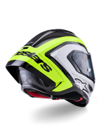 Casco Alpinestars Supertech R10 Arius, vista posteriore, nero, argento e giallo fluo lucido, calotta in fibra di carbonio, grande spoiler aerodinamico con scritta Alpinestars nera, protezione di livello racing e design aerodinamico