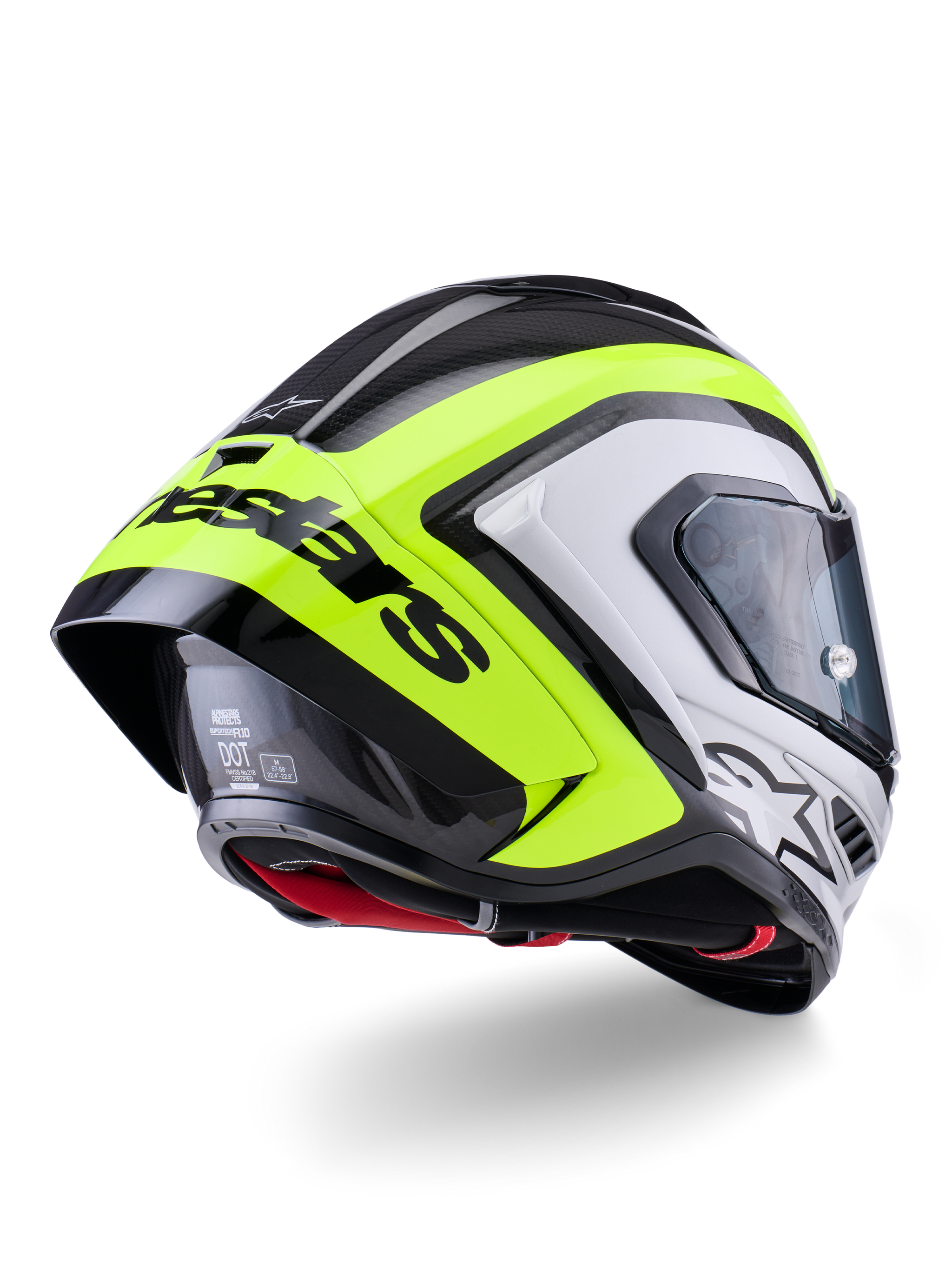 Casco Alpinestars Supertech R10 Arius, vista posteriore, nero, argento e giallo fluo lucido, calotta in fibra di carbonio, grande spoiler aerodinamico con scritta Alpinestars nera, protezione di livello racing e design aerodinamico
