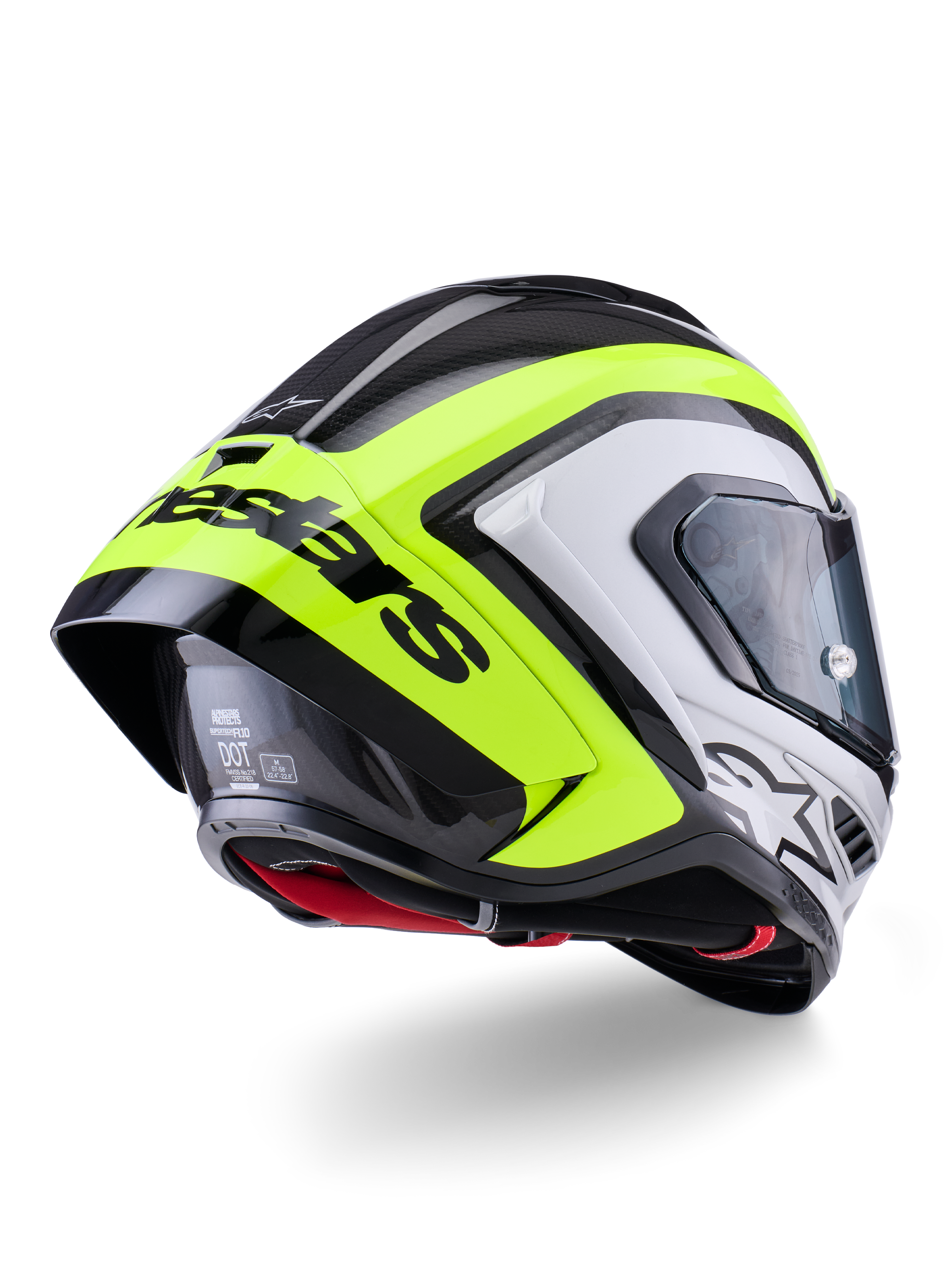 Casco Alpinestars Supertech R10 Arius, vista posteriore, nero, argento e giallo fluo lucido, calotta in fibra di carbonio, grande spoiler aerodinamico con scritta Alpinestars nera, protezione di livello racing e design aerodinamico