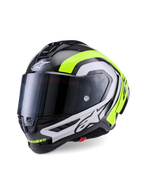 Casco Alpinestars Supertech R10 Arius, casco da moto racing professionale, carbonio nero lucido con accenti argento e giallo fluorescente, dotato di visiera scura, alette aerodinamiche e logo Alpinestars in evidenza