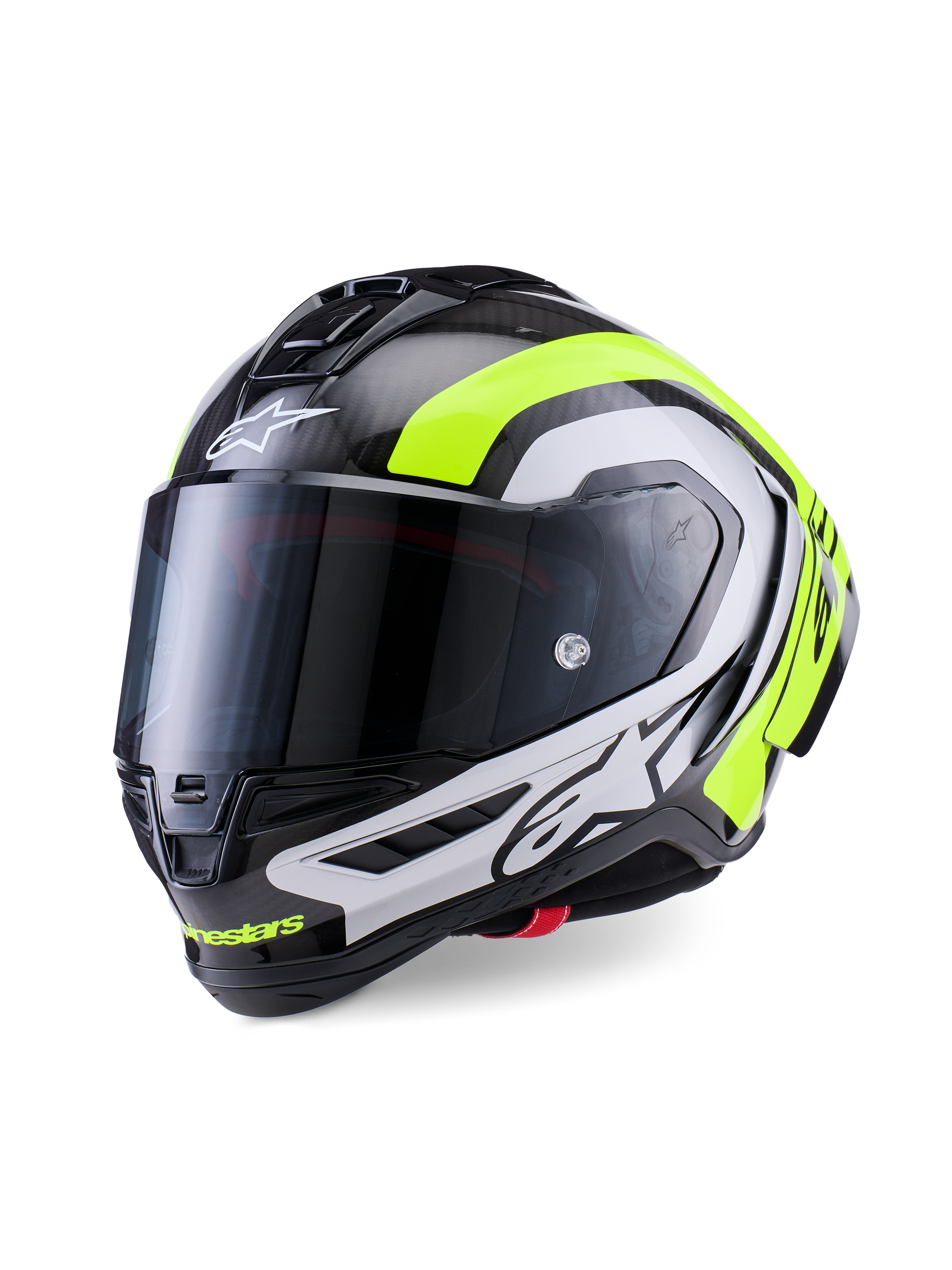 Casco Alpinestars Supertech R10 Arius, casco da moto racing professionale, carbonio nero lucido con accenti argento e giallo fluorescente, dotato di visiera scura, alette aerodinamiche e logo Alpinestars in evidenza