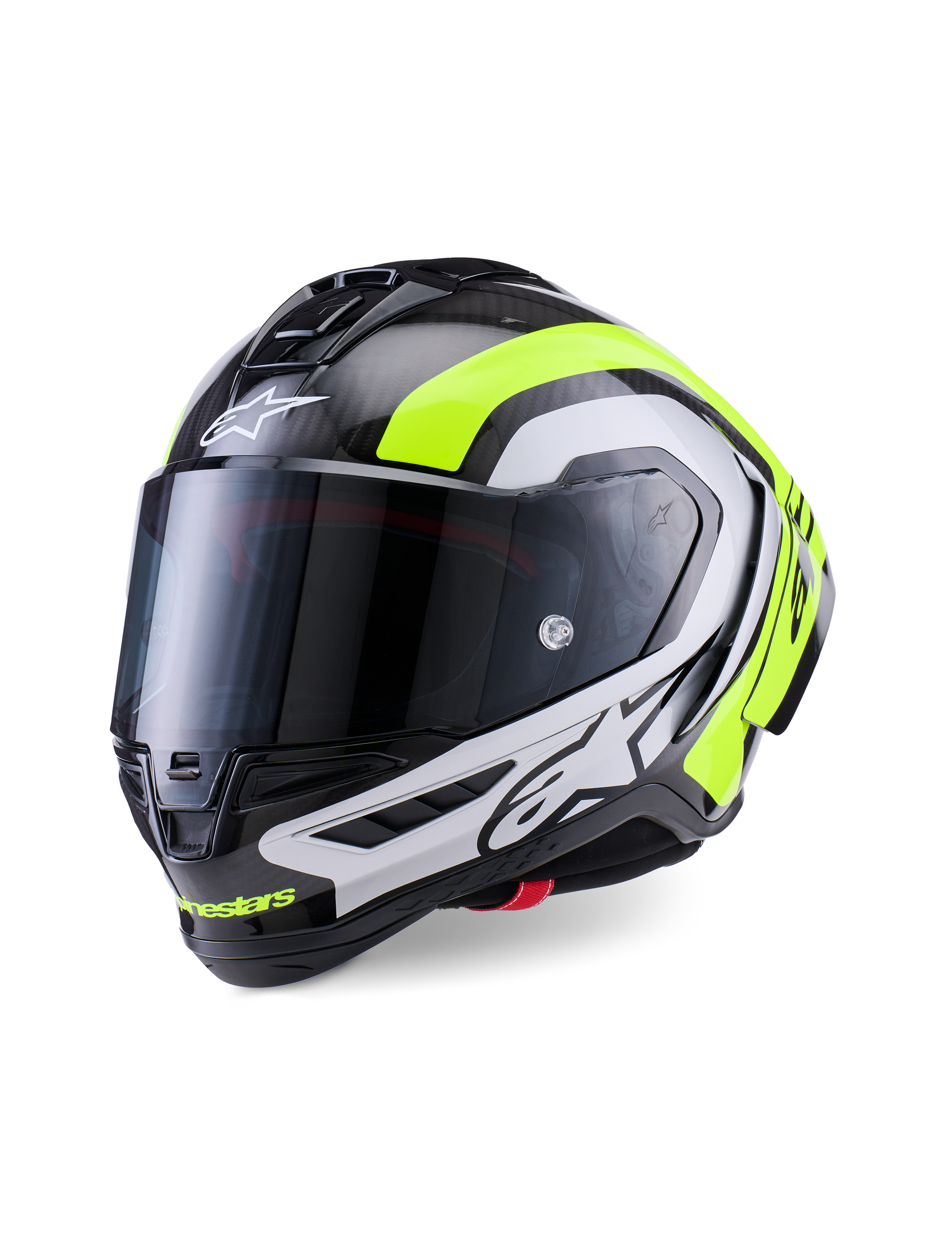 Casco Alpinestars Supertech R10 Arius, casco da moto racing professionale, carbonio nero lucido con accenti argento e giallo fluorescente, dotato di visiera scura, alette aerodinamiche e logo Alpinestars in evidenza