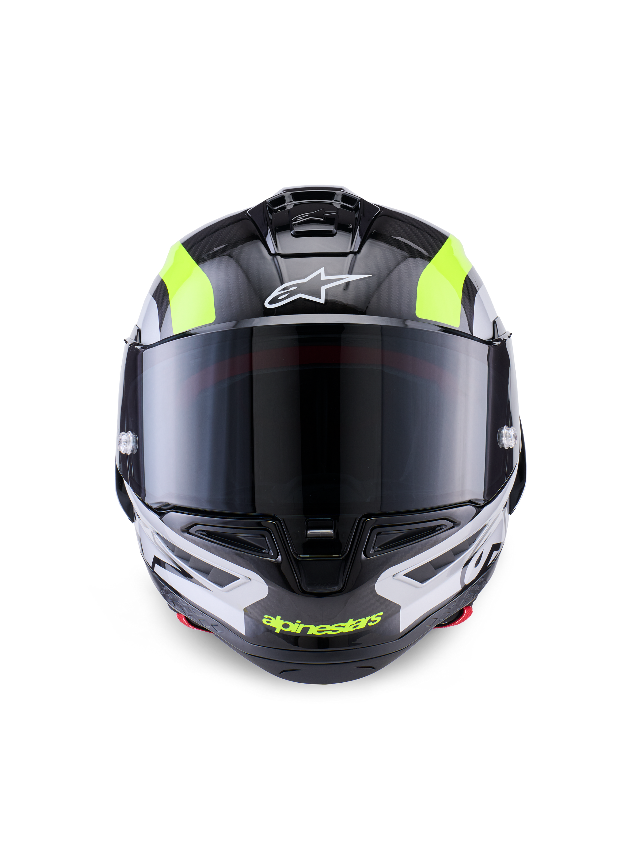 Casco Alpinestars Supertech R10 Arius, casco da moto racing, nero argento e giallo fluo lucido, vista frontale con calotta in fibra di carbonio, visiera scura e sistema di ventilazione integrato.
