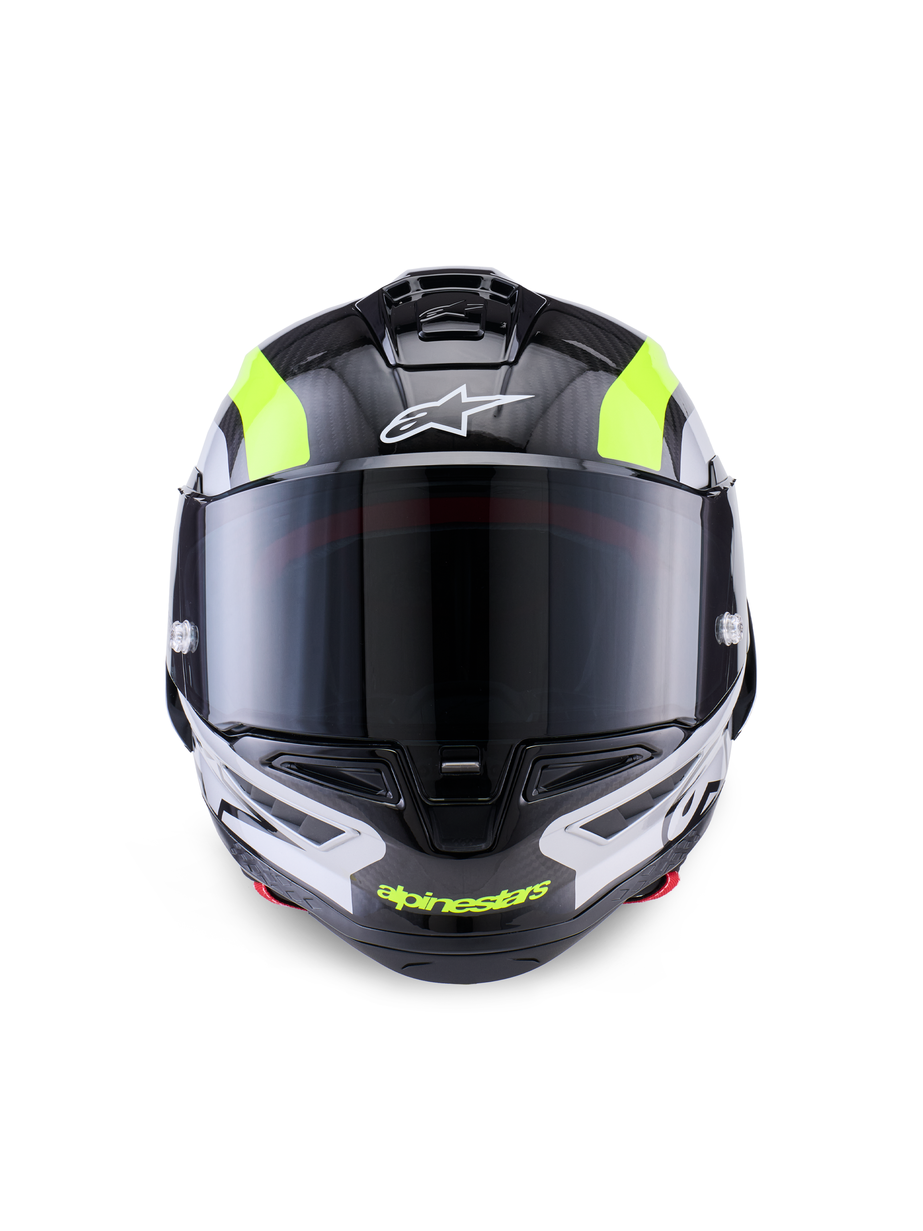 Casco Alpinestars Supertech R10 Arius, casco da moto racing, nero argento e giallo fluo lucido, vista frontale con calotta in fibra di carbonio, visiera scura e sistema di ventilazione integrato.