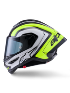 Casco Alpinestars Supertech R10 Arius, casco da moto racing, nero, argento e giallo fluo lucido, vista laterale, dotato di spoiler posteriore aerodinamico, costruzione in fibra di carbonio, branding evidente e visiera oscurata.