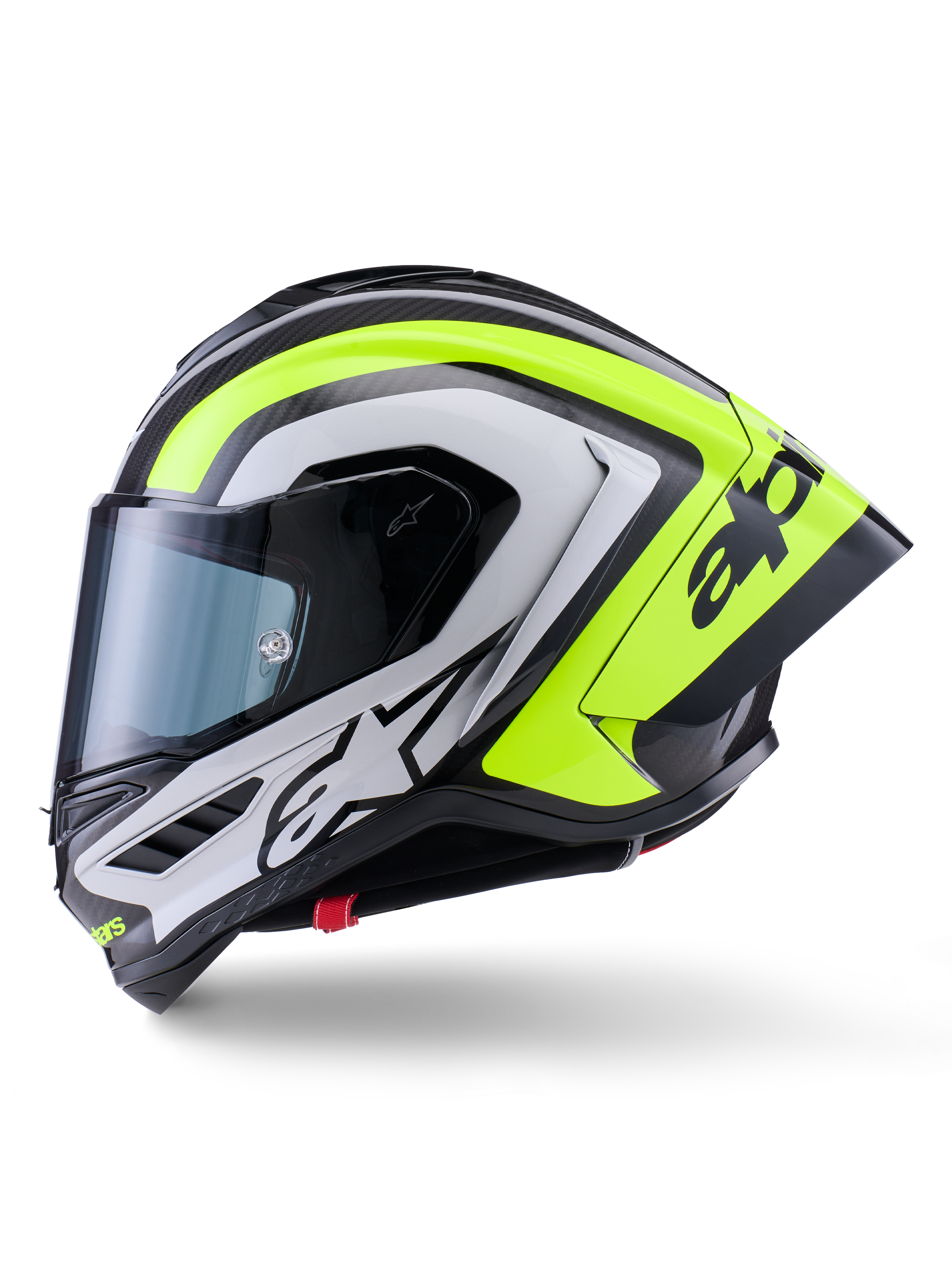 Casco Alpinestars Supertech R10 Arius, casco da moto racing, nero, argento e giallo fluo lucido, vista laterale, dotato di spoiler posteriore aerodinamico, costruzione in fibra di carbonio, branding evidente e visiera oscurata.