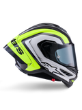 Casco Alpinestars Supertech R10 Arius, casco integrale racing, nero, argento e giallo fluo lucido, vista di profilo laterale che mostra la calotta aerodinamica e la visiera scura fumé, costruzione in fibra di carbonio con loghi evidenti