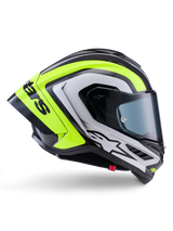 Casco Alpinestars Supertech R10 Arius, casco integrale racing, nero, argento e giallo fluo lucido, vista di profilo laterale che mostra la calotta aerodinamica e la visiera scura fumé, costruzione in fibra di carbonio con loghi evidenti