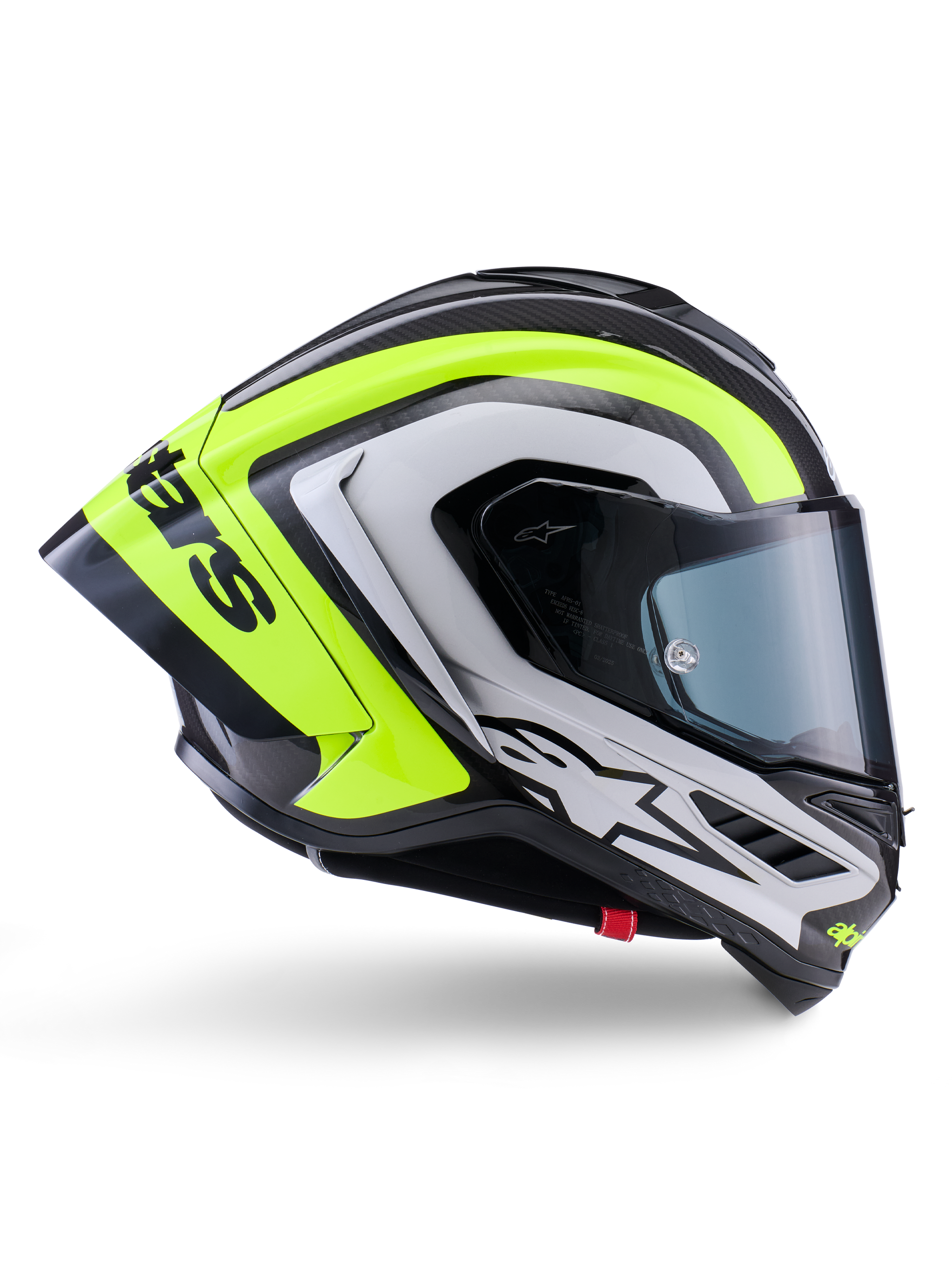 Casco Alpinestars Supertech R10 Arius, casco integrale racing, nero, argento e giallo fluo lucido, vista di profilo laterale che mostra la calotta aerodinamica e la visiera scura fumé, costruzione in fibra di carbonio con loghi evidenti