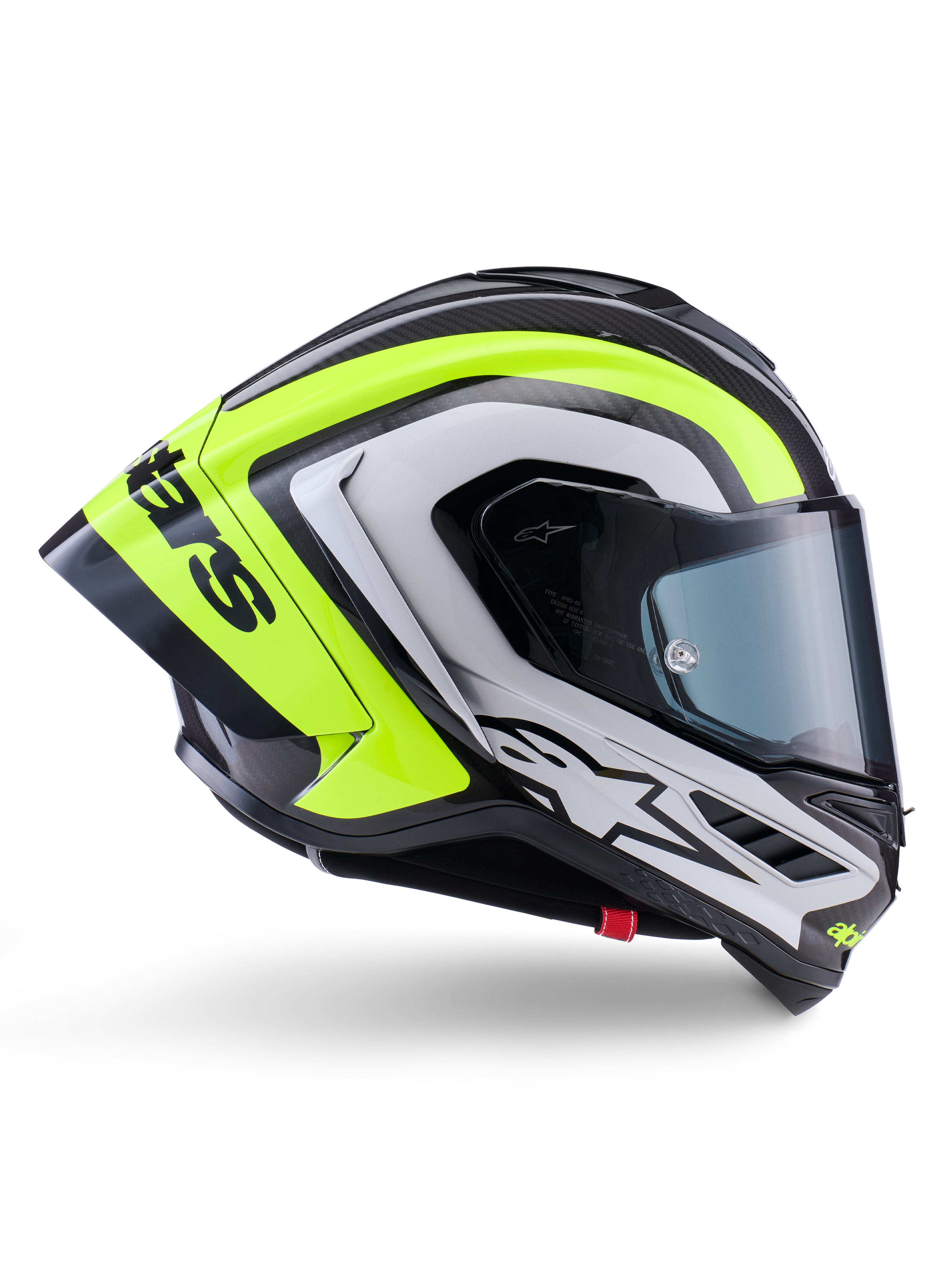 Casco Alpinestars Supertech R10 Arius, casco integrale racing, nero, argento e giallo fluo lucido, vista di profilo laterale che mostra la calotta aerodinamica e la visiera scura fumé, costruzione in fibra di carbonio con loghi evidenti