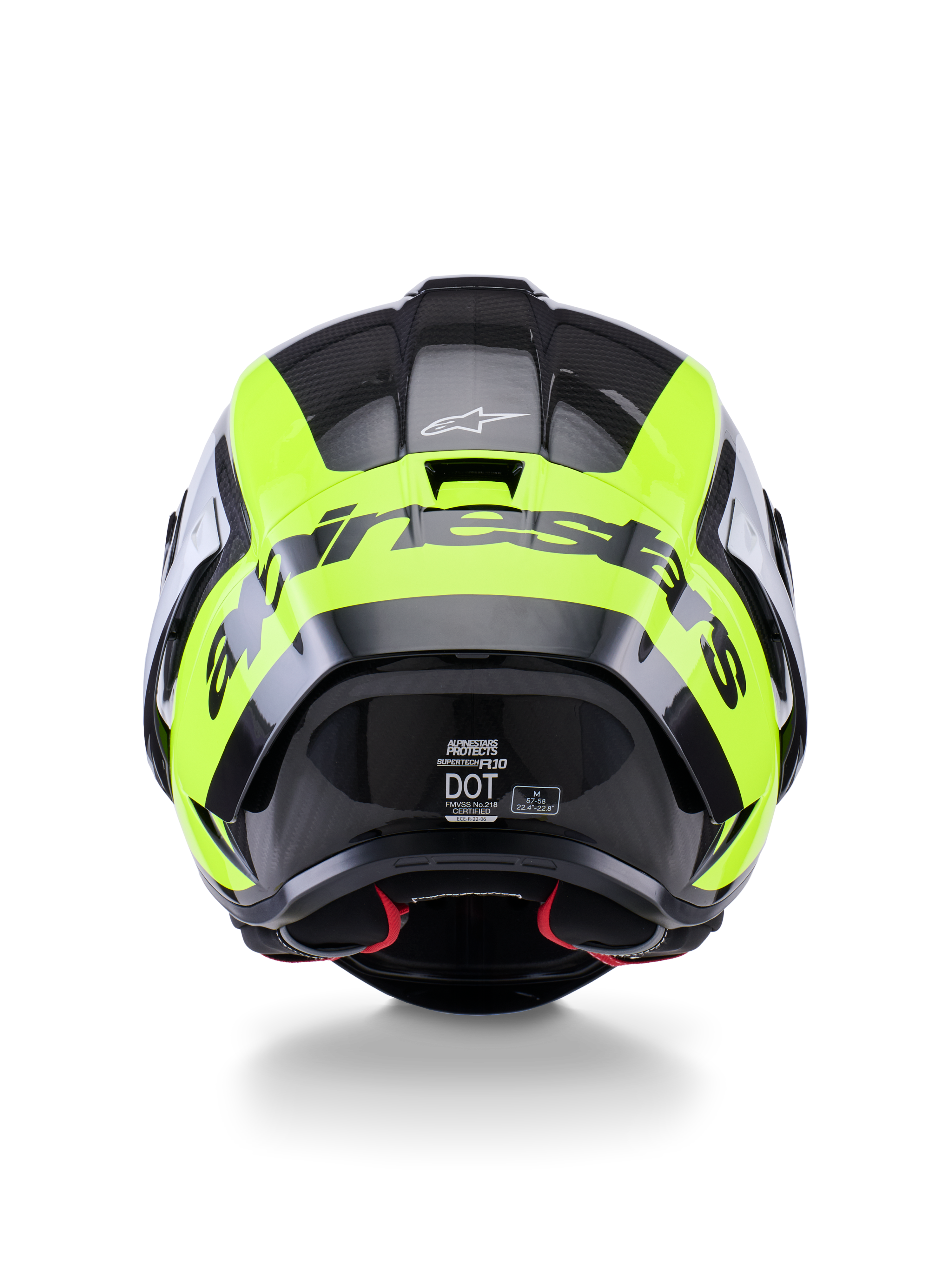 Casco Alpinestars Supertech R10 Arius, vista posteriore, nero, argento e giallo fluo lucido, casco racing ad alte prestazioni con calotta in carbonio multistrato, design aerodinamico e grande logo del brand sul retro.