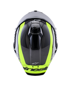 Casco Alpinestars Supertech R10 Arius, vista dall'alto, Nero Argento e Giallo Fluo Lucido, calotta in fibra di carbonio con vivaci strisce giallo fluorescente, prese d'aria superiori aerodinamiche e logo Alpinestars, casco racing ad alte prestazioni