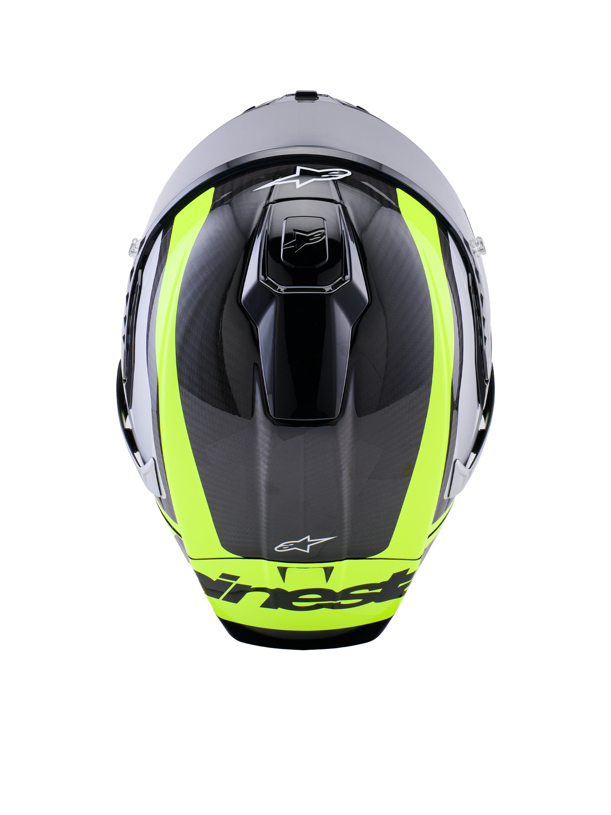 Casco Alpinestars Supertech R10 Arius, vista dall'alto, Nero Argento e Giallo Fluo Lucido, calotta in fibra di carbonio con vivaci strisce giallo fluorescente, prese d'aria superiori aerodinamiche e logo Alpinestars, casco racing ad alte prestazioni