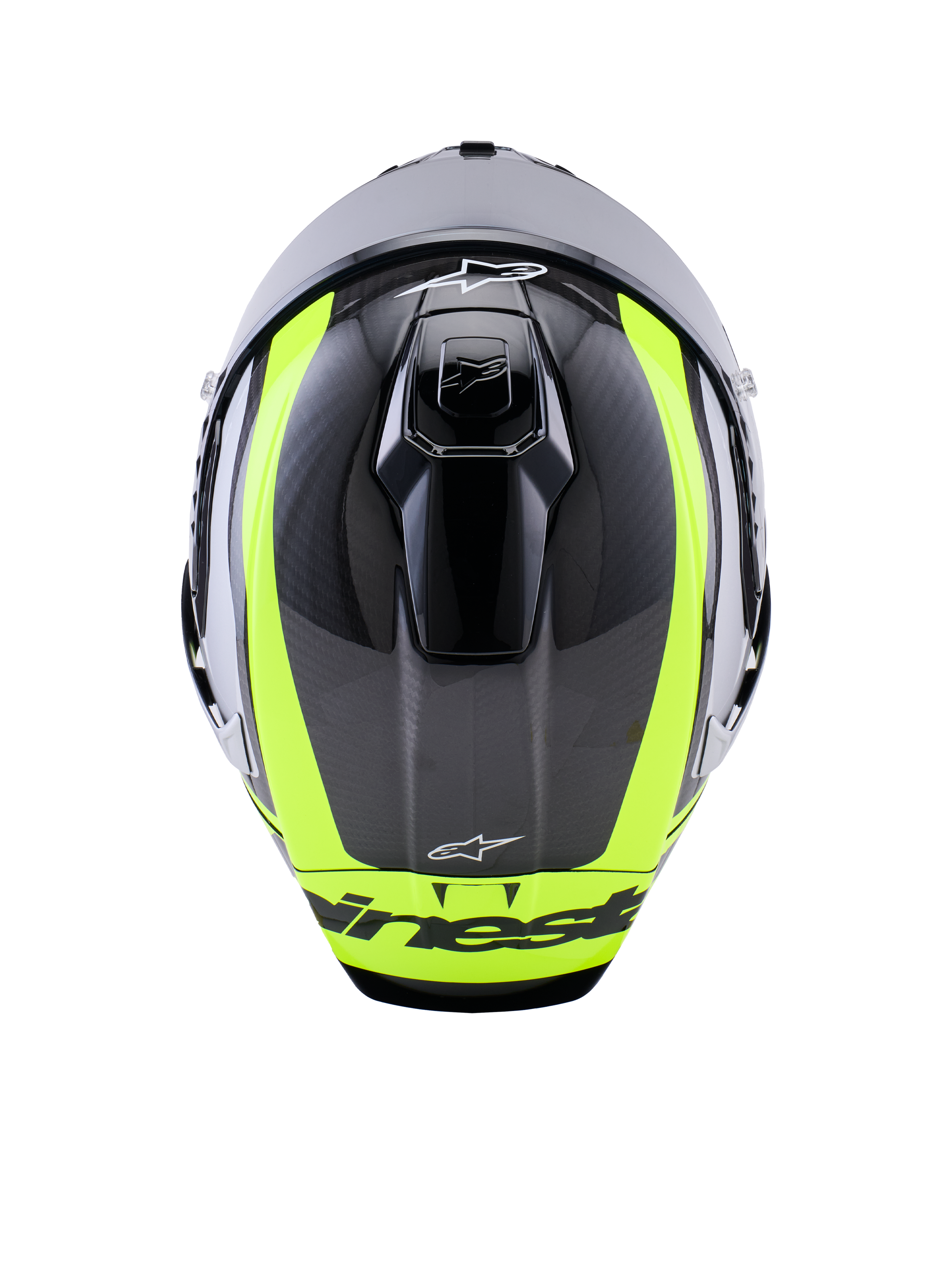 Casco Alpinestars Supertech R10 Arius, vista dall'alto, Nero Argento e Giallo Fluo Lucido, calotta in fibra di carbonio con vivaci strisce giallo fluorescente, prese d'aria superiori aerodinamiche e logo Alpinestars, casco racing ad alte prestazioni