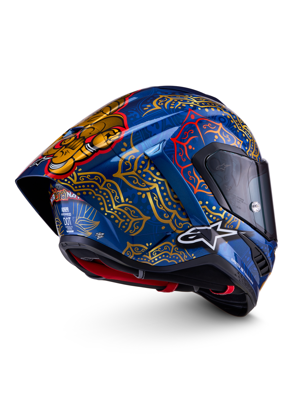 Alpinestars Supertech R10 Martinator Thai, casco integrale racing, blu e oro, calotta in carbonio, certificato FIM ed ECE.
