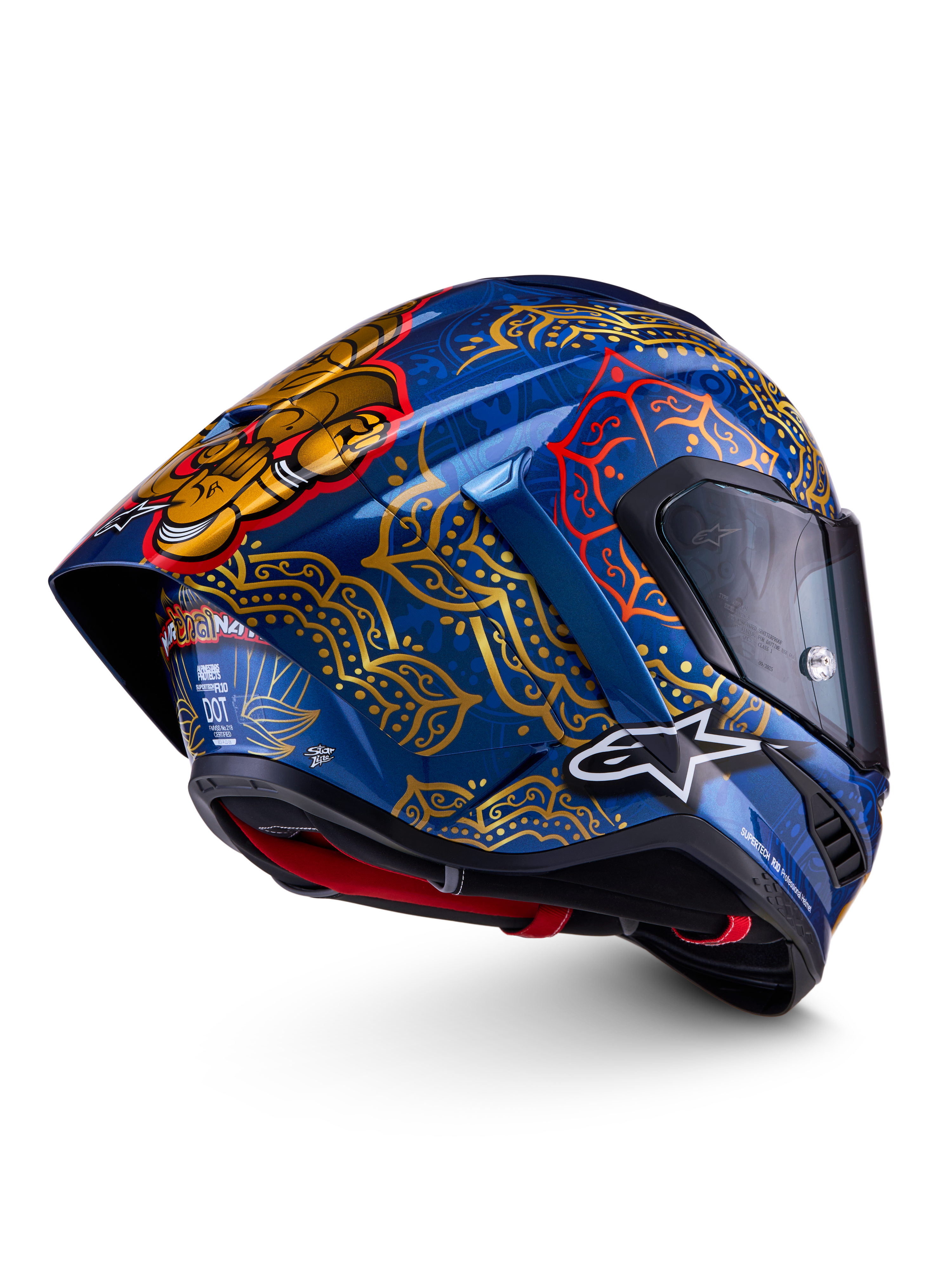 Alpinestars Supertech R10 Martinator Thai, casco integrale racing, blu e oro, calotta in carbonio, certificato FIM ed ECE.