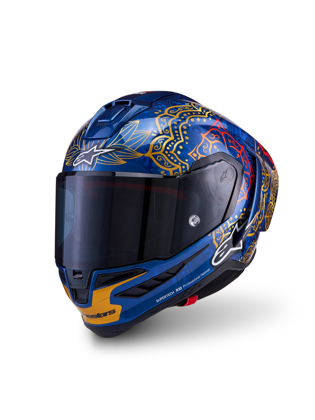 Casco racing Alpinestars Supertech R10 Martinator Thai, carbonio blu lucido con grafiche oro e visiera fumé scura.