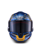 Casco Alpinestars Supertech R10 Martinator Thai LE in fibra di carbonio blu e oro con visiera fumé frontale.