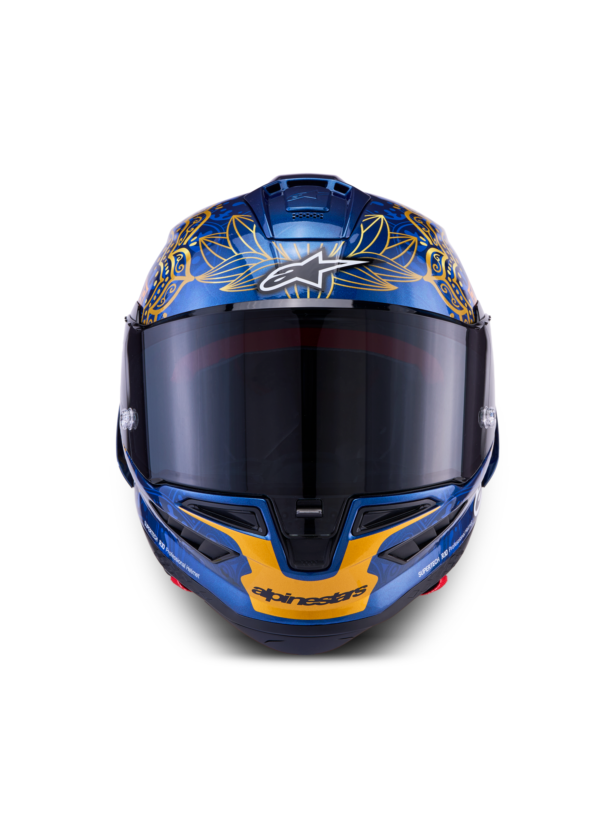 Casco Alpinestars Supertech R10 Martinator Thai LE in fibra di carbonio blu e oro con visiera fumé frontale.