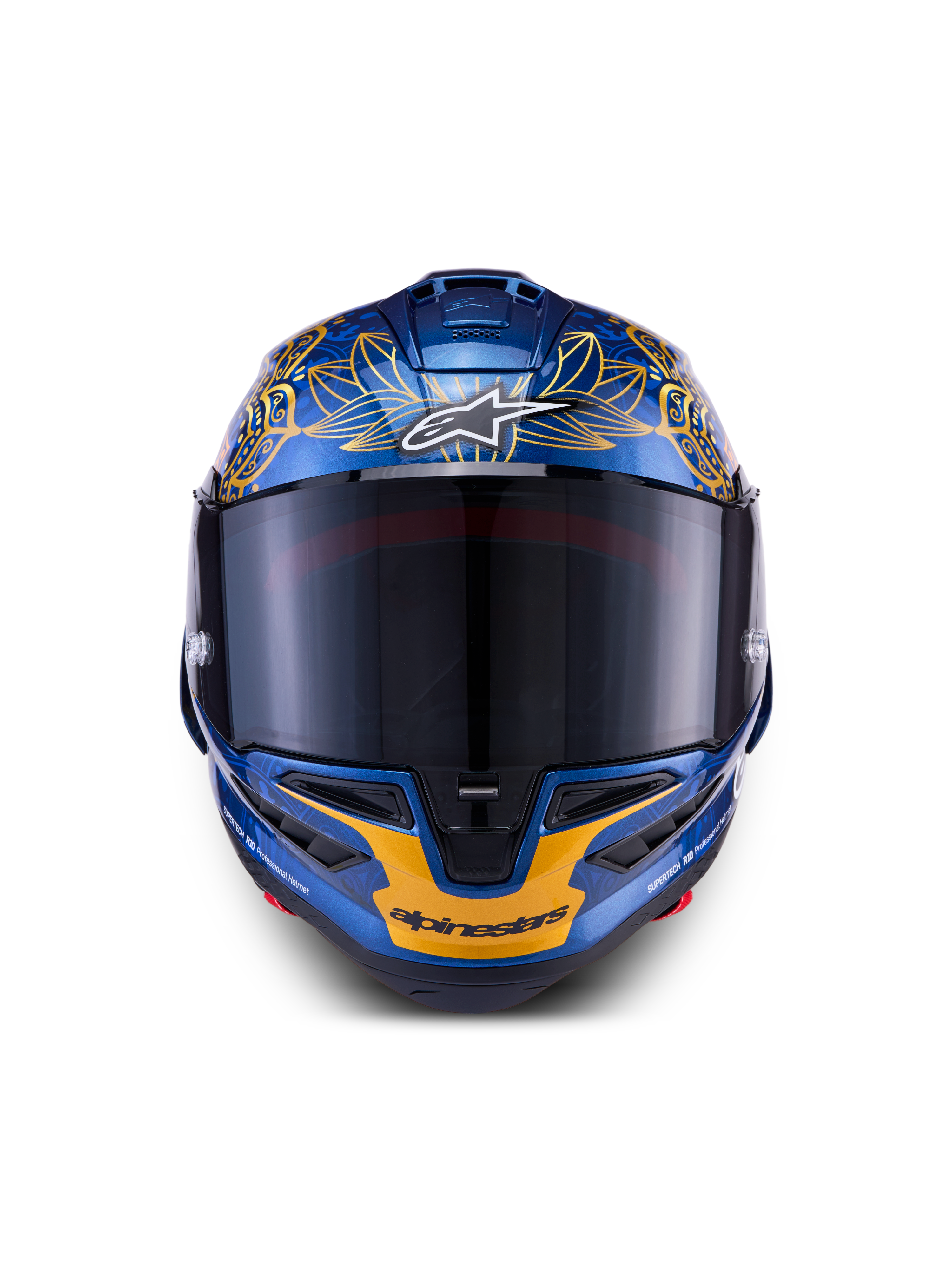 Casco Alpinestars Supertech R10 Martinator Thai LE in fibra di carbonio blu e oro con visiera fumé frontale.