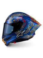 Casco Supertech R10 Martinator Thai, blu lucido con grafiche mandala oro e rosse, calotta in carbonio aerodinamica.