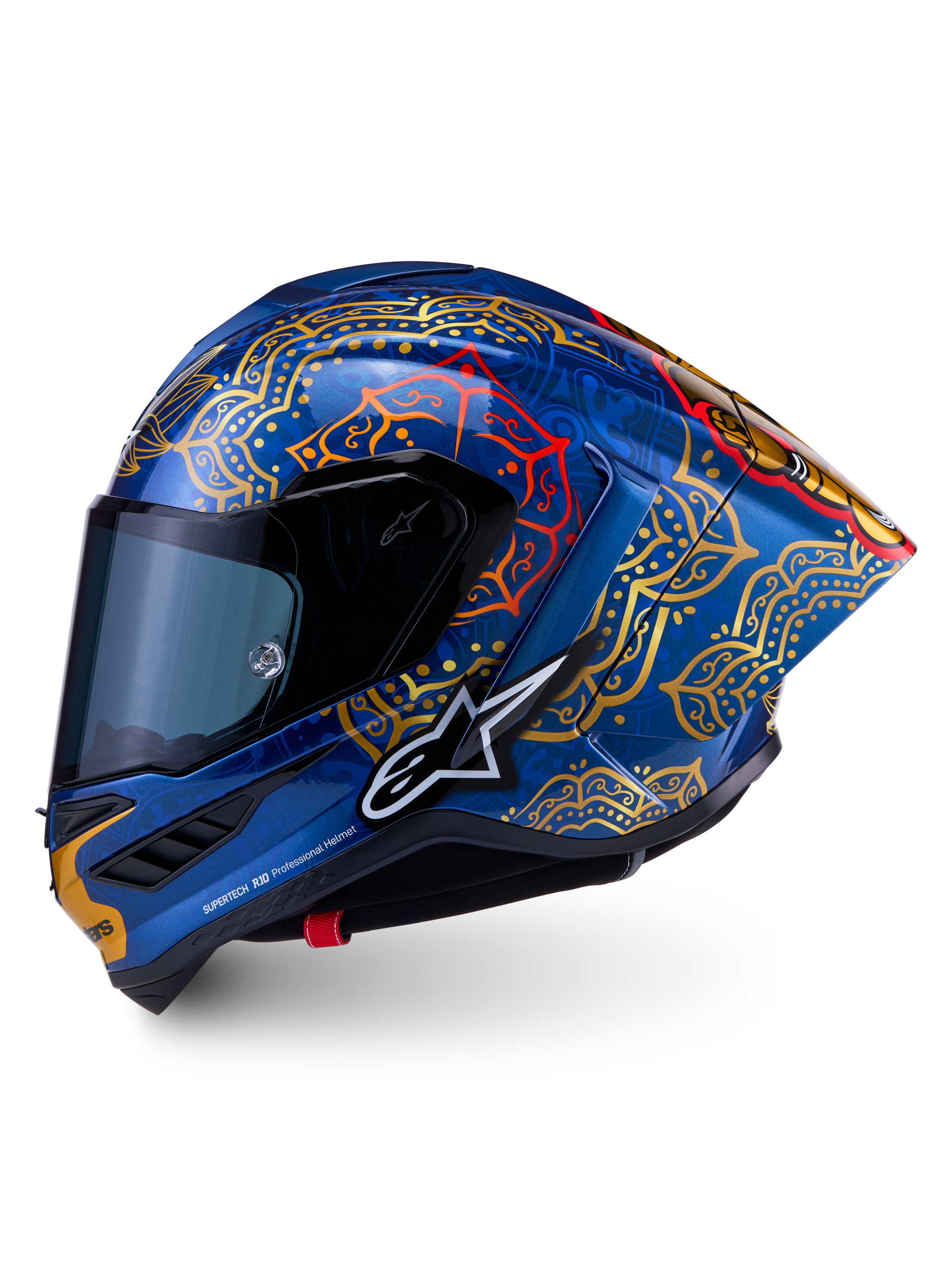 Casco Supertech R10 Martinator Thai, blu lucido con grafiche mandala oro e rosse, calotta in carbonio aerodinamica.