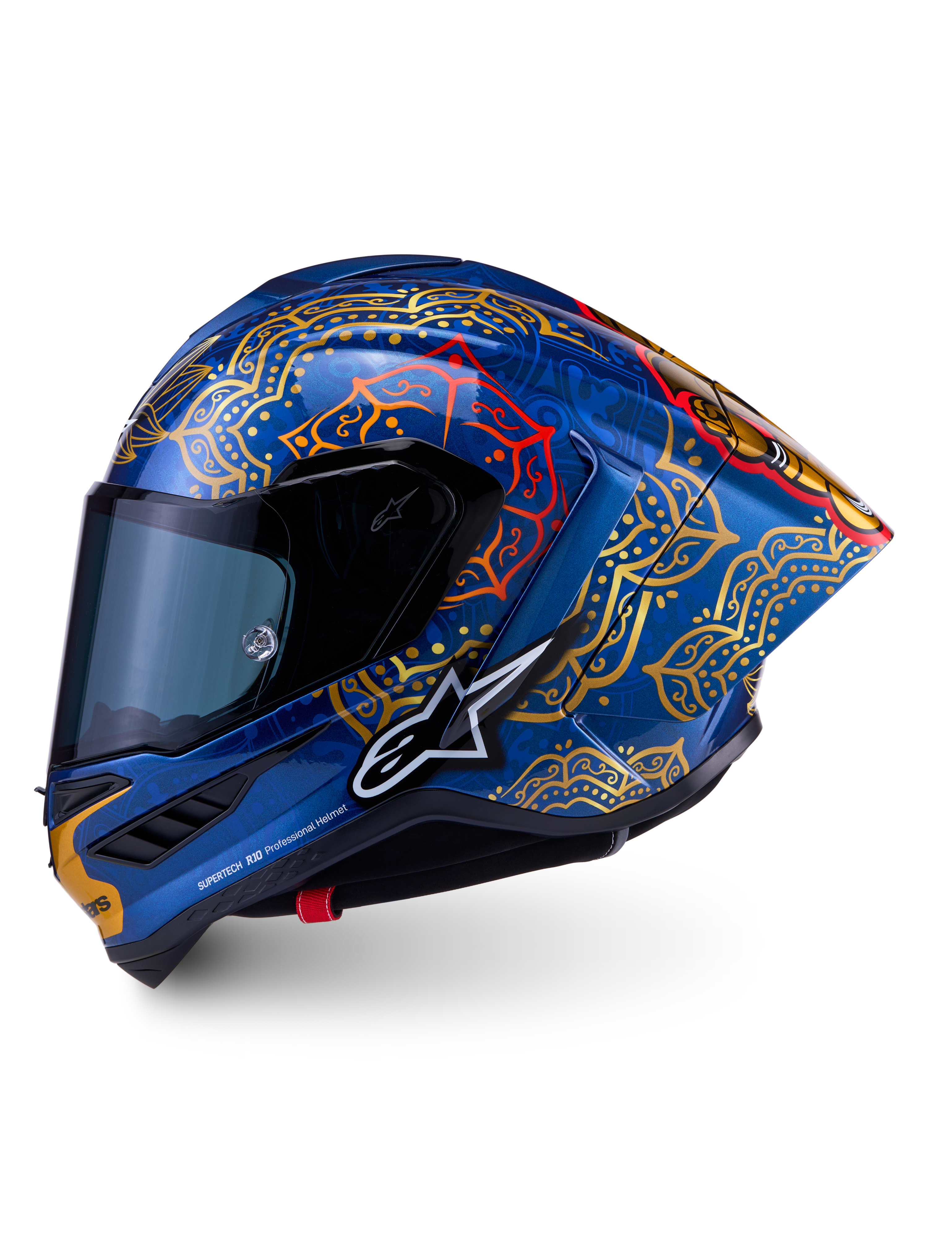 Casco Supertech R10 Martinator Thai, blu lucido con grafiche mandala oro e rosse, calotta in carbonio aerodinamica.