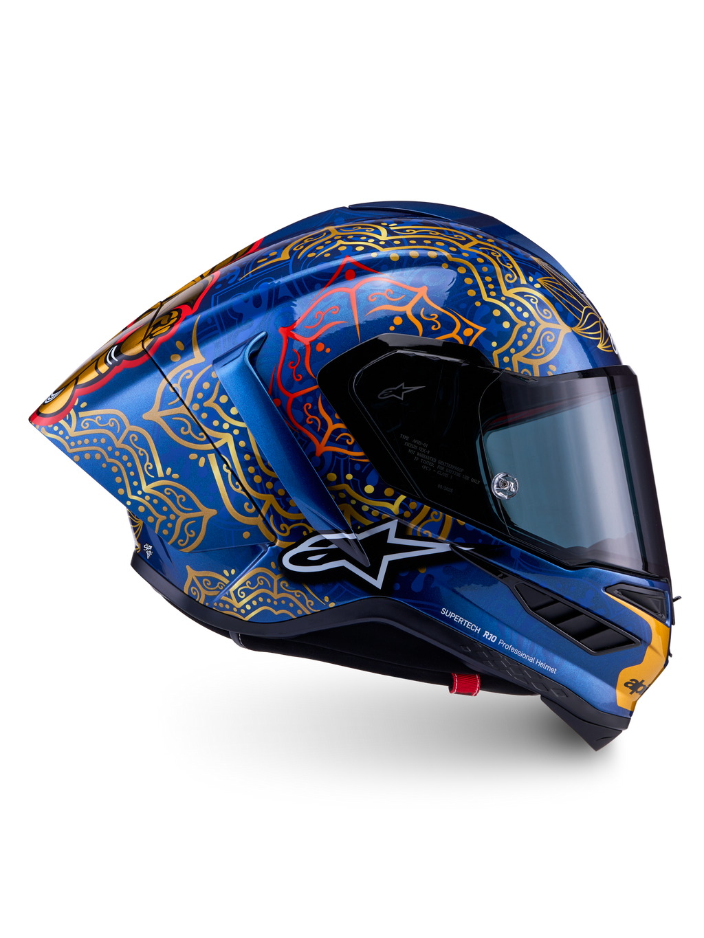 Alpinestars Casco Supertech R10 Martinator Thai Edizione Limitata, casco racing in carbonio blu e oro, certificato FIM e ECE 22.06, grafica mandala, calotta leggera MotoGP.