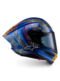 Alpinestars Casco Supertech R10 Martinator Thai Edizione Limitata, casco racing in carbonio blu e oro, certificato FIM e ECE 22.06, grafica mandala, calotta leggera MotoGP.