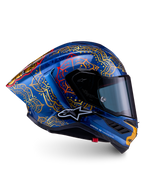 Alpinestars Casco Supertech R10 Martinator Thai Edizione Limitata, casco racing in carbonio blu e oro, certificato FIM e ECE 22.06, grafica mandala, calotta leggera MotoGP.