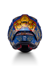 Casco Supertech R10 Martinator Thai, vista posteriore della calotta in carbonio blu lucido con grafiche Thai oro.
